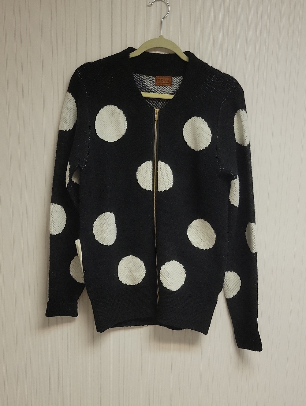 POL Polka Dot Zip-Front Women's Sweater Cardigan Black & White Medium Fall